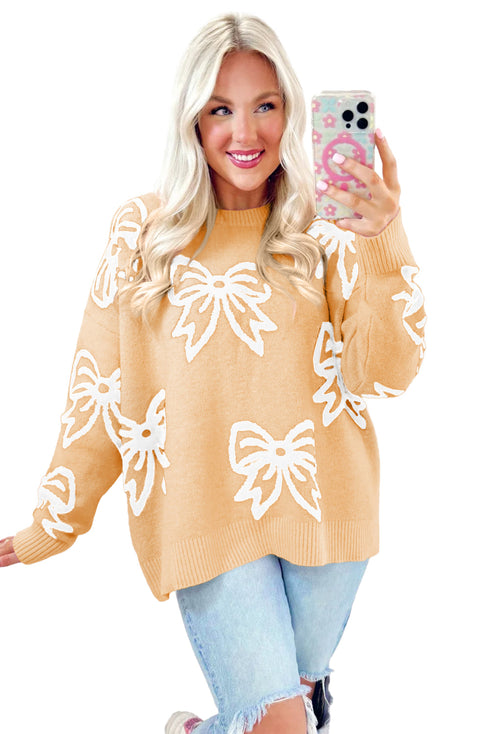 Relaxed Fit Bow Pattern Crewneck Knit Pullover Sweater