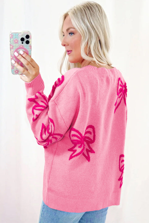 Relaxed Fit Bow Pattern Crewneck Knit Pullover Sweater