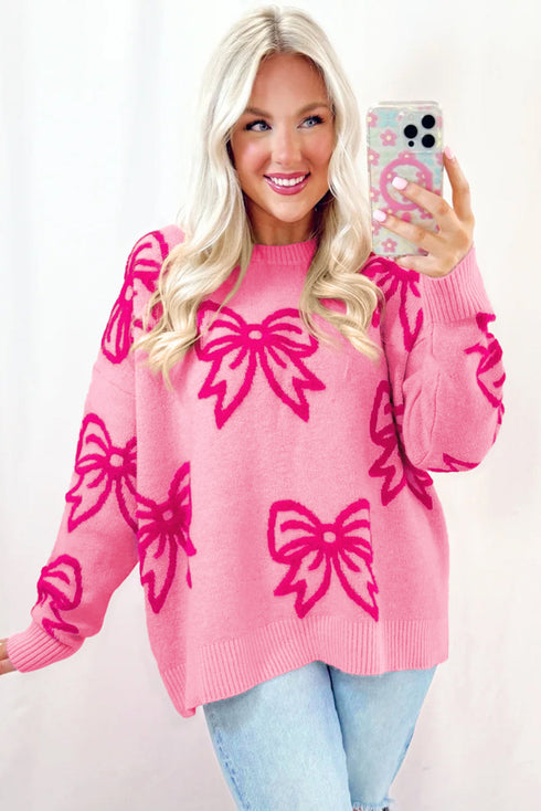 Relaxed Fit Bow Pattern Crewneck Knit Pullover Sweater