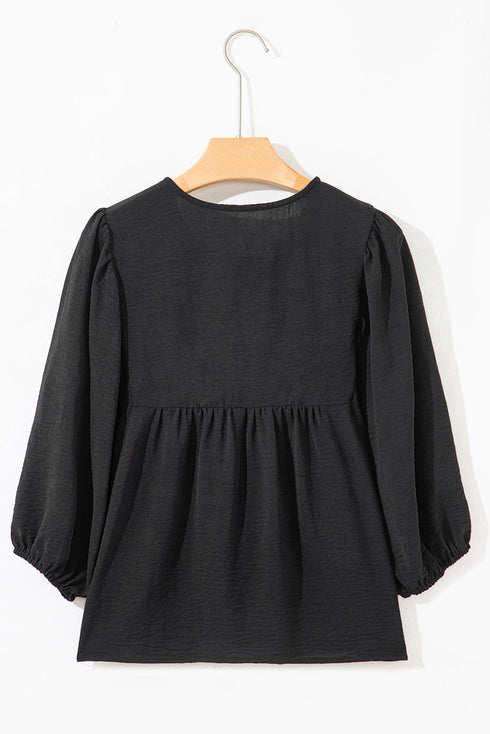 Relaxed Fit Bow Tie Neck Three Quarter Sleeve Blouse