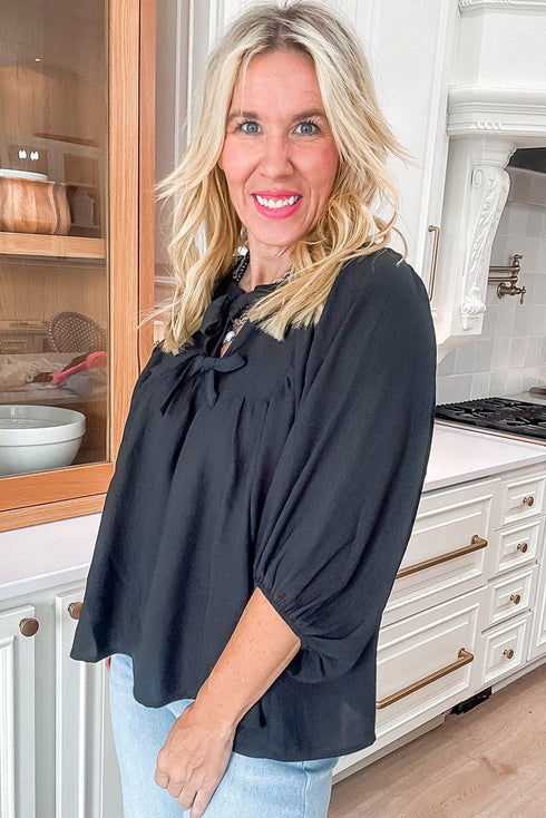 Relaxed Fit Bow Tie Neck Three Quarter Sleeve Blouse