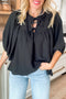 Relaxed Fit Bow Tie Neck Three Quarter Sleeve Blouse