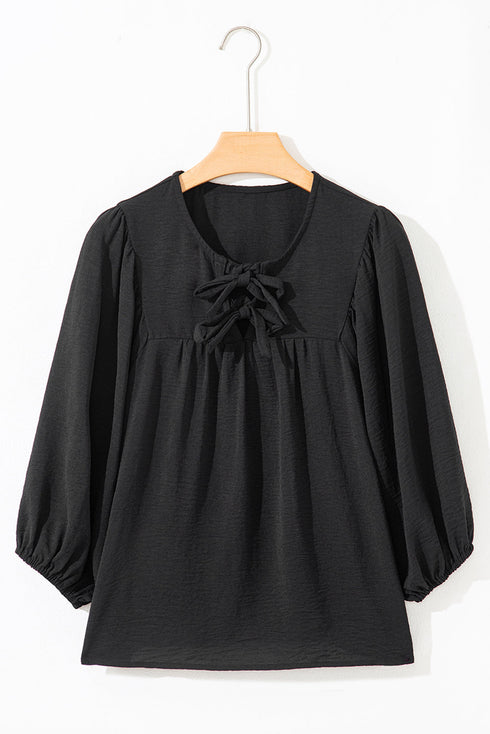 Relaxed Fit Bow Tie Neck Three Quarter Sleeve Blouse