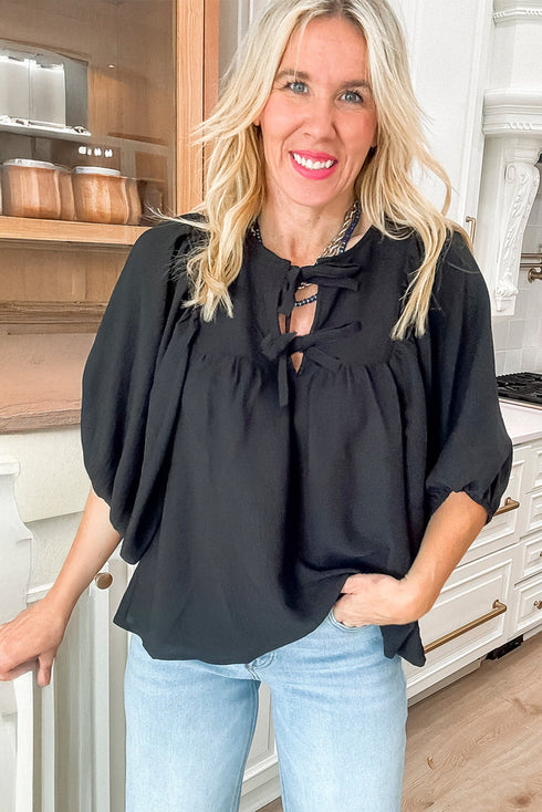 Relaxed Fit Bow Tie Neck Three Quarter Sleeve Blouse