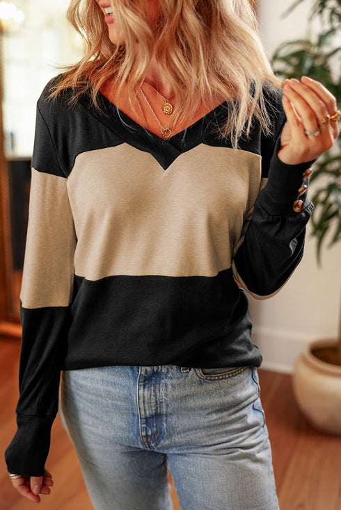 Relaxed Fit Button Accent Textured Sleeve Knit Top