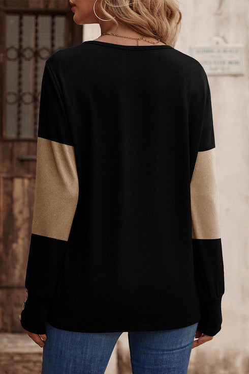 Relaxed Fit Button Accent Textured Sleeve Knit Top
