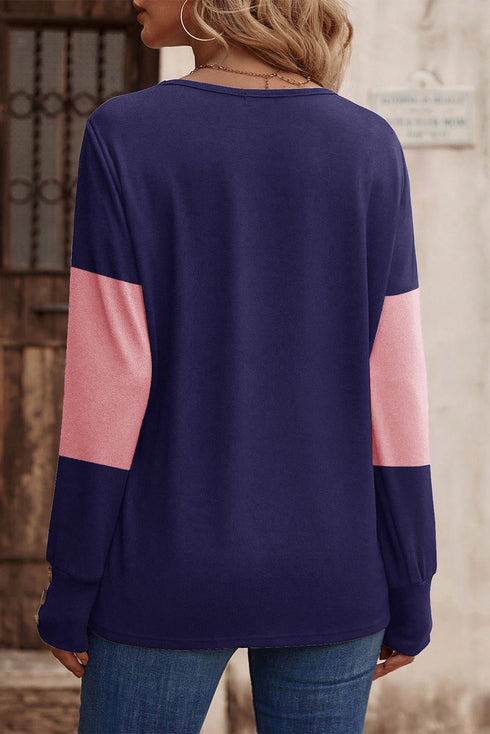 Relaxed Fit Button Accent Textured Sleeve Knit Top