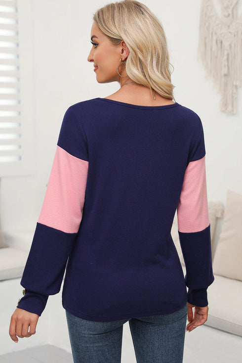 Relaxed Fit Button Accent Textured Sleeve Knit Top