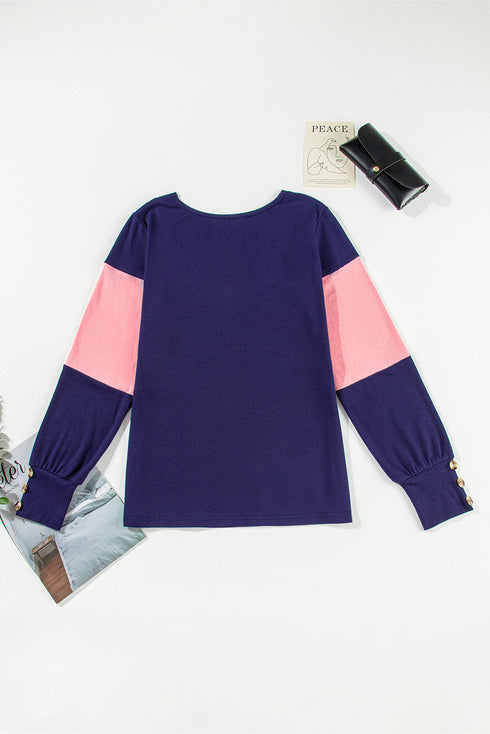 Relaxed Fit Button Accent Textured Sleeve Knit Top