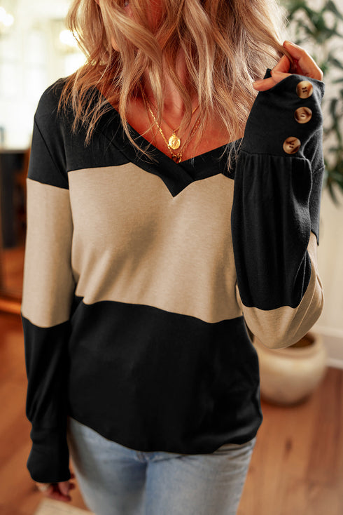 Relaxed Fit Button Accent Textured Sleeve Knit Top