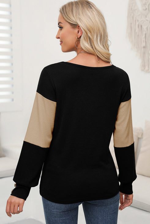 Relaxed Fit Button Accent Textured Sleeve Knit Top