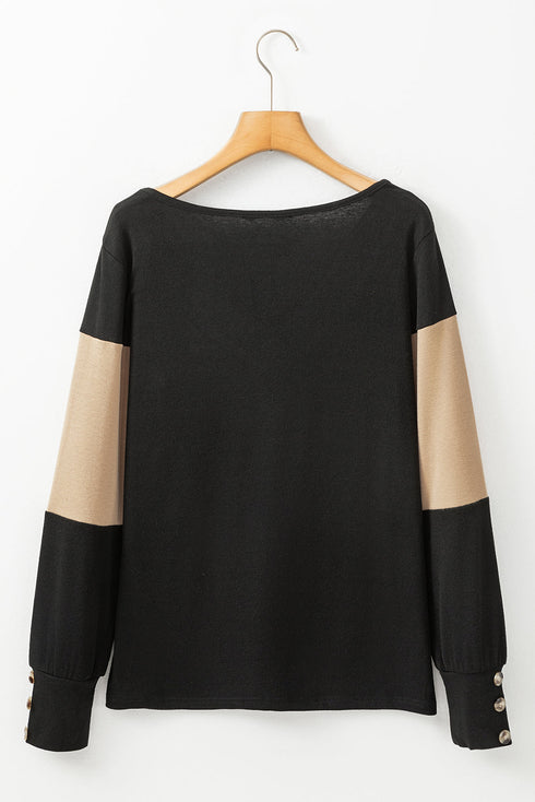 Relaxed Fit Button Accent Textured Sleeve Knit Top