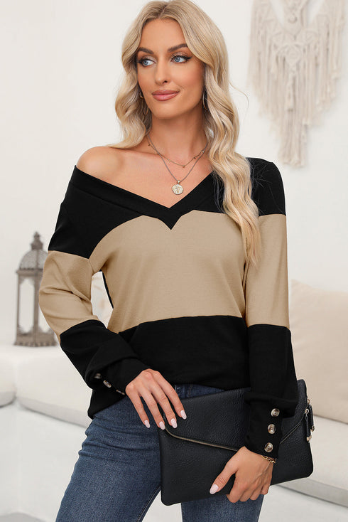 Relaxed Fit Button Accent Textured Sleeve Knit Top