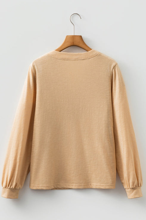Relaxed Fit Button Accent V Neck Long Sleeve Top