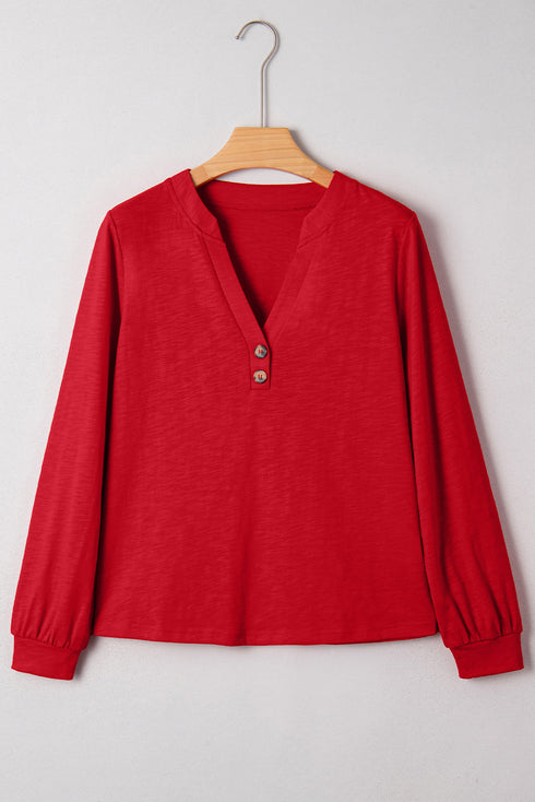 Relaxed Fit Button Accent V Neck Long Sleeve Top