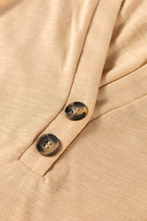 Relaxed Fit Button Accent V Neck Long Sleeve Top