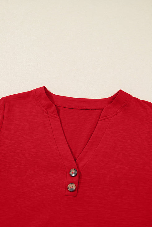 Relaxed Fit Button Accent V Neck Long Sleeve Top