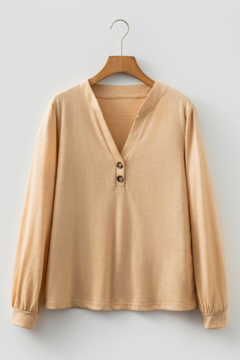 Relaxed Fit Button Accent V Neck Long Sleeve Top