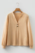 Relaxed Fit Button Accent V Neck Long Sleeve Top