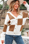 Relaxed Fit Button Down V Neck Checkered Knit Cardigan