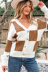 Relaxed Fit Button Down V Neck Checkered Knit Cardigan