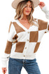 Relaxed Fit Button Down V Neck Checkered Knit Cardigan
