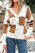 Relaxed Fit Button Down V Neck Checkered Knit Cardigan