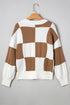 Relaxed Fit Button Down V Neck Checkered Knit Cardigan