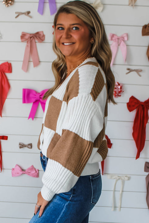 Relaxed Fit Button Down V Neck Checkered Knit Cardigan