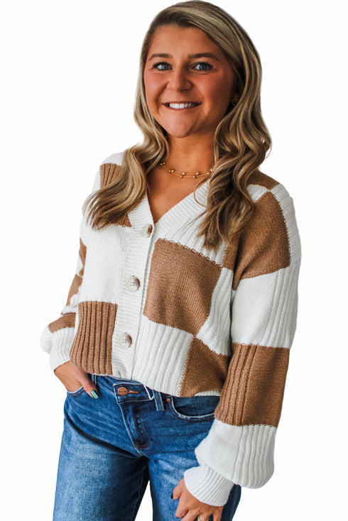 Relaxed Fit Button Down V Neck Checkered Knit Cardigan