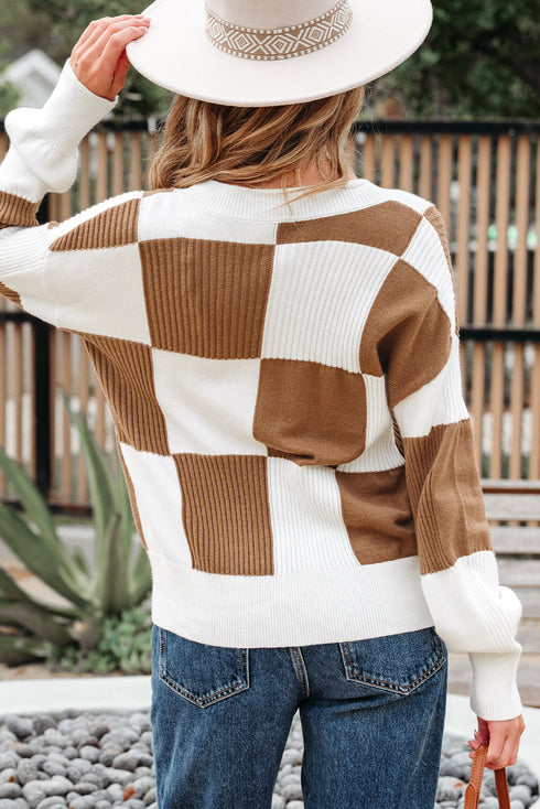 Relaxed Fit Button Down V Neck Checkered Knit Cardigan