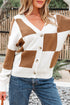 Relaxed Fit Button Down V Neck Checkered Knit Cardigan