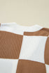 Relaxed Fit Button Down V Neck Checkered Knit Cardigan