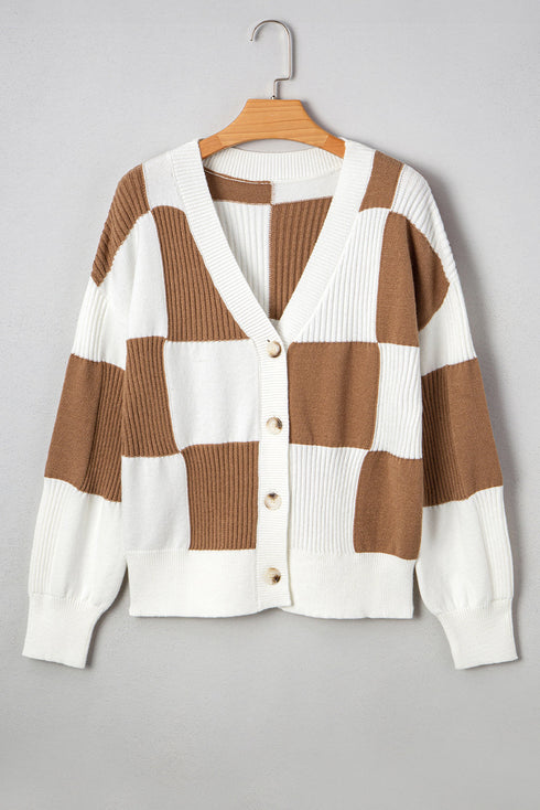 Relaxed Fit Button Down V Neck Checkered Knit Cardigan