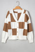 Relaxed Fit Button Down V Neck Checkered Knit Cardigan