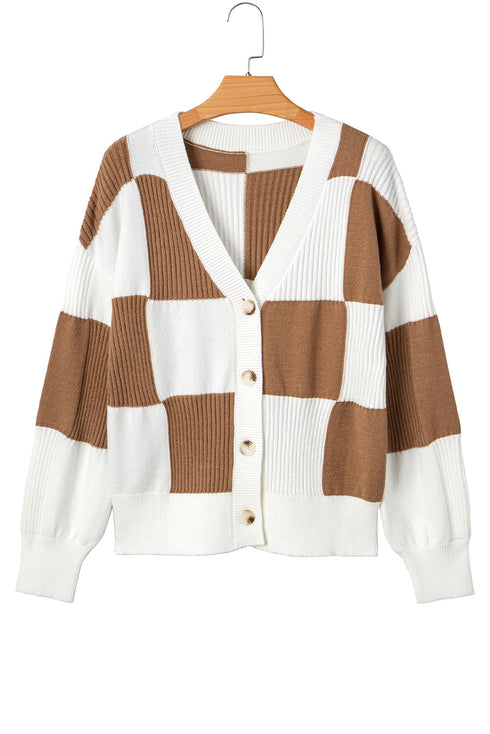 Relaxed Fit Button Down V Neck Checkered Knit Cardigan