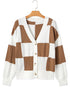 Relaxed Fit Button Down V Neck Checkered Knit Cardigan