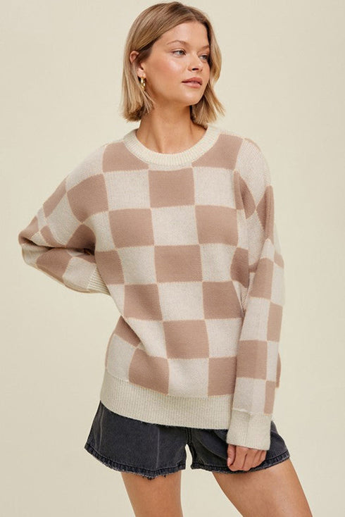 Relaxed Fit Checkerboard Pattern Crew Neck Sweater