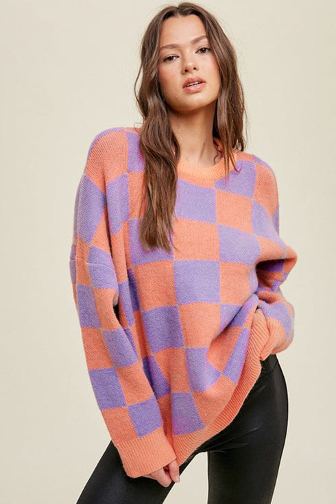 Relaxed Fit Checkerboard Pattern Crew Neck Sweater