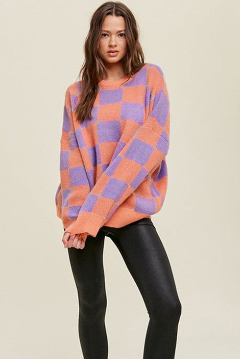 Relaxed Fit Checkerboard Pattern Crew Neck Sweater