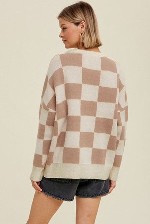 Relaxed Fit Checkerboard Pattern Crew Neck Sweater