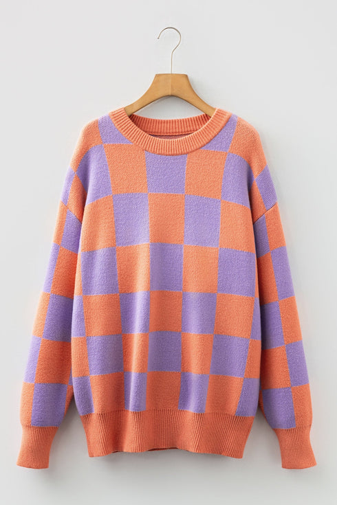 Relaxed Fit Checkerboard Pattern Crew Neck Sweater