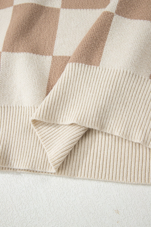 Relaxed Fit Checkerboard Pattern Crew Neck Sweater