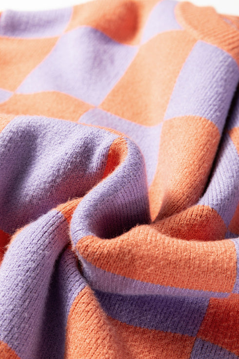 Relaxed Fit Checkerboard Pattern Crew Neck Sweater