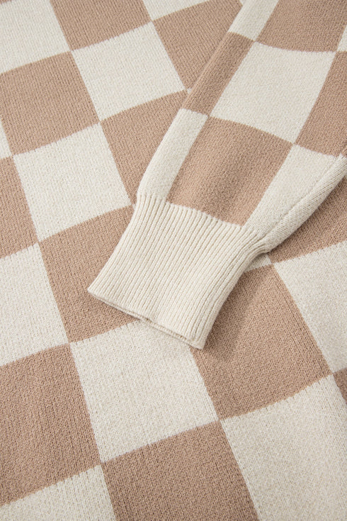 Relaxed Fit Checkerboard Pattern Crew Neck Sweater