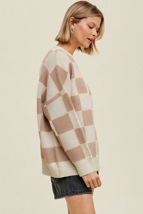 Relaxed Fit Checkerboard Pattern Crew Neck Sweater