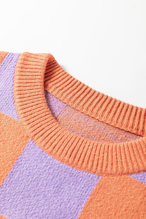 Relaxed Fit Checkerboard Pattern Crew Neck Sweater