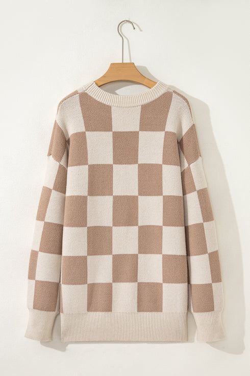 Relaxed Fit Checkerboard Pattern Crew Neck Sweater