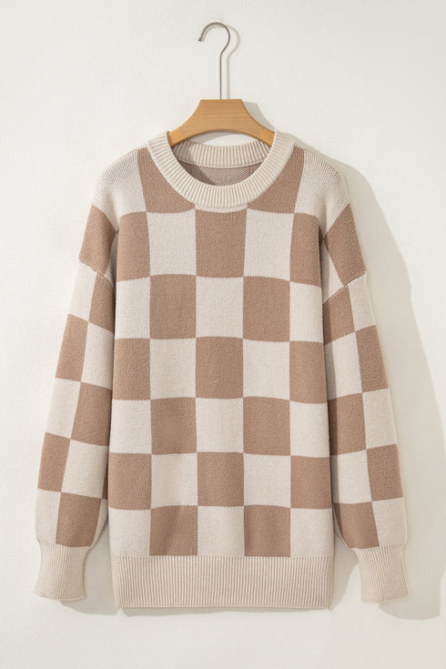 Relaxed Fit Checkerboard Pattern Crew Neck Sweater
