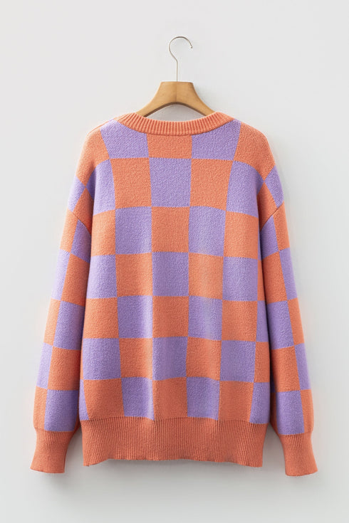 Relaxed Fit Checkerboard Pattern Crew Neck Sweater